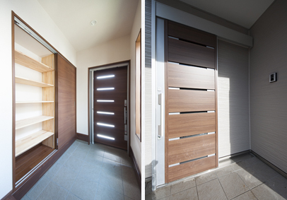 玄関ドアと大容量の可動式収納棚