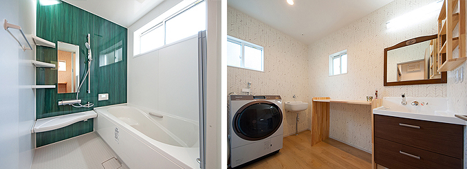 爽やかなグリーンのパネルの浴室と洗面脱衣室