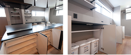 シンプルで洗練されたデザインと大容量の収納、キッチンユニットはデザインを合わせて作った備え付け家具です。