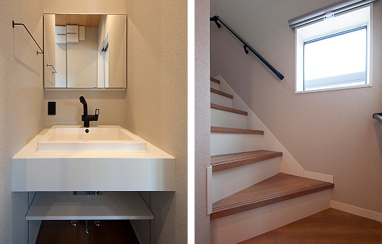 使い勝手の良いオリジナル洗面台。階段は上りやすく動線もスムーズな曲がり階段です。